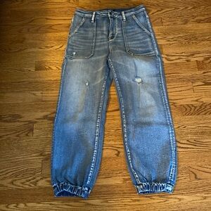 Aqua denim high waisted jogger pants.